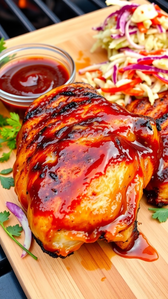 Grilled chicken thigh with barbecue sauce on a cutting board, served with coleslaw.